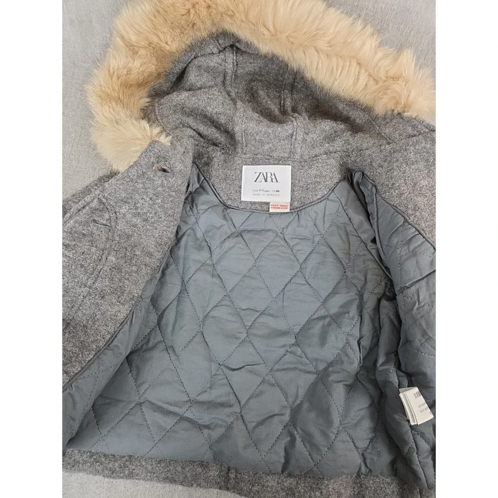 Zara Kids Girls 18 Months Wool Duffle Pea Coat Gray Faux Fur‎ Hood Trim Classic
